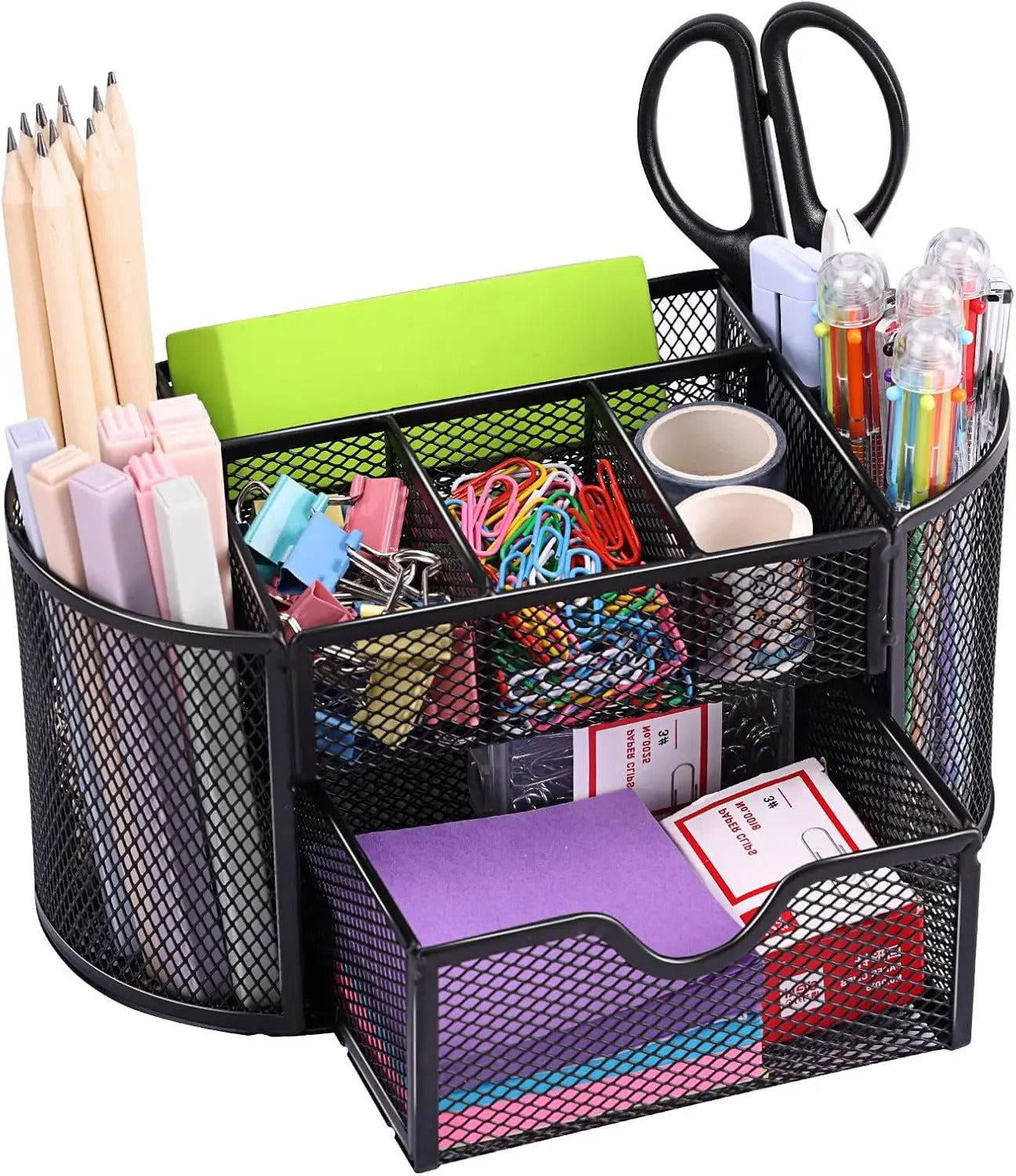 Mesh Desk Organiser Desk Pen Holder with 8 Compartments and Sliding Drawer Desktop Accessories Organizer for Home Office School