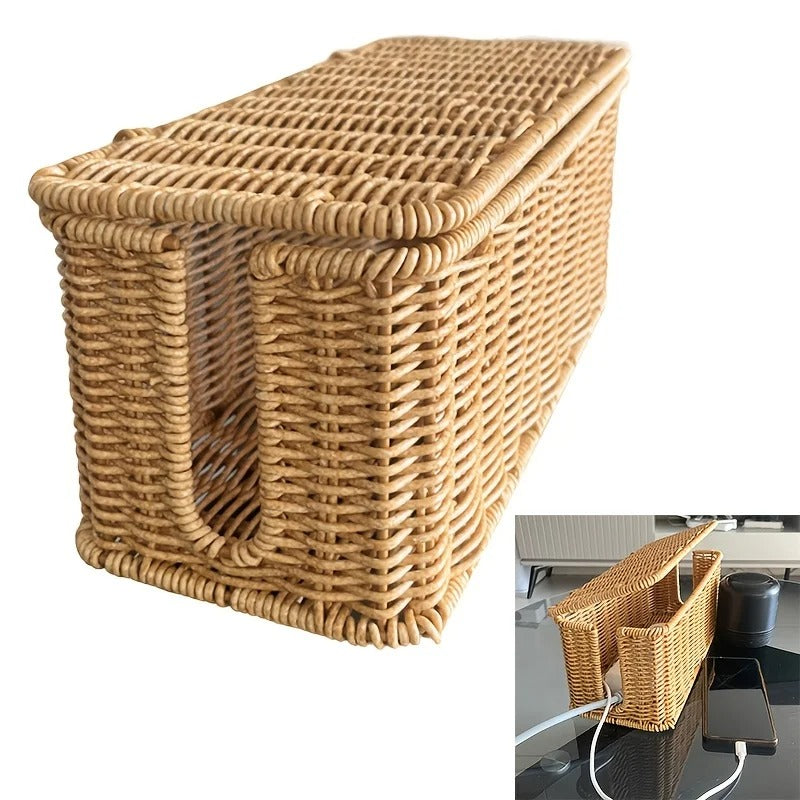 Rattan Cable Organizer Box Breathable Desk Wire Management Home Offices