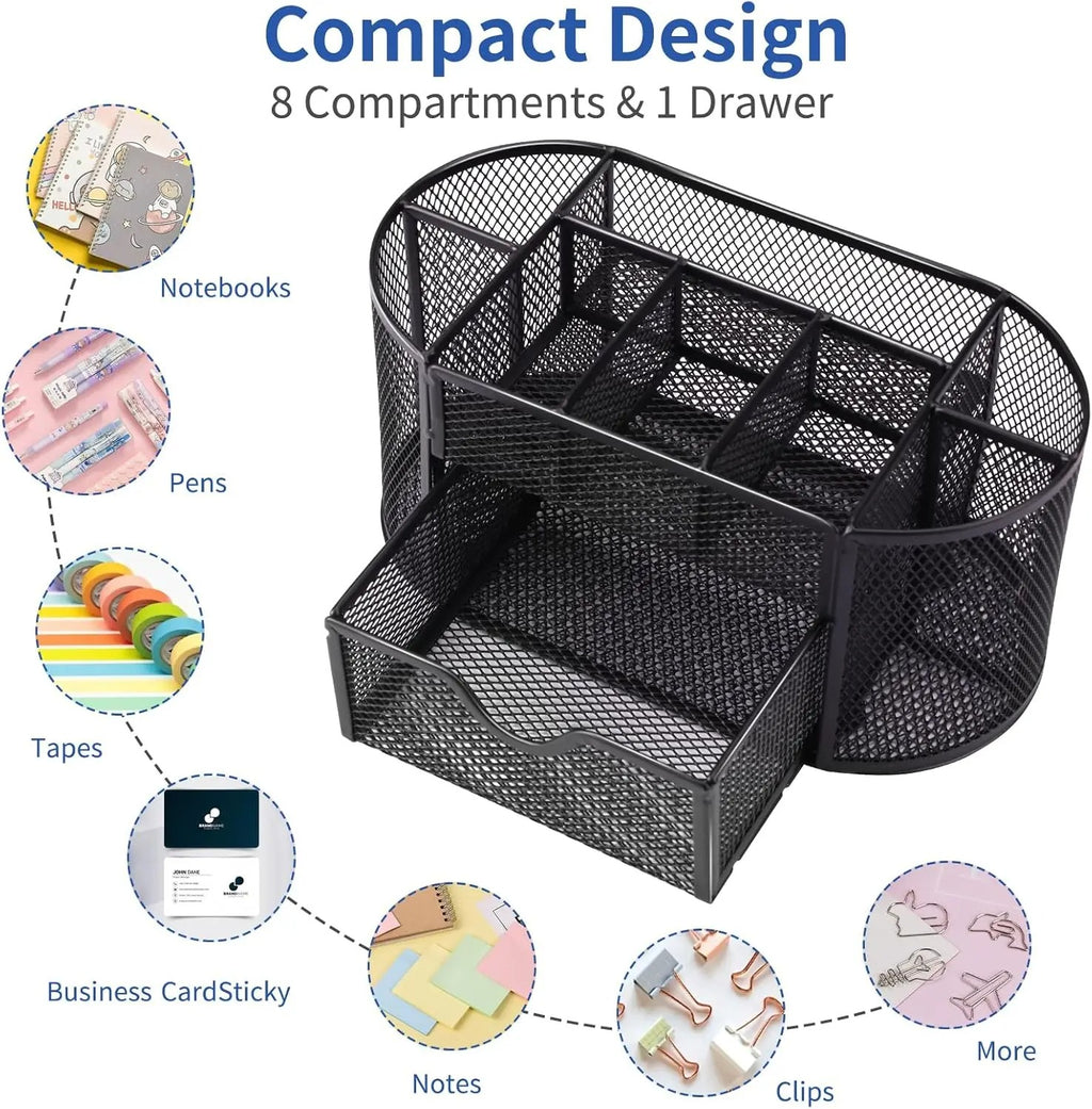 Mesh Desk Organiser Desk Pen Holder with 8 Compartments and Sliding Drawer Desktop Accessories Organizer for Home Office School