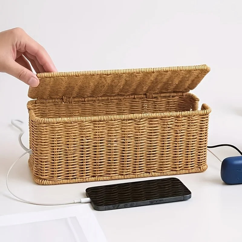 Rattan Cable Organizer Box Breathable Desk Wire Management Home Offices