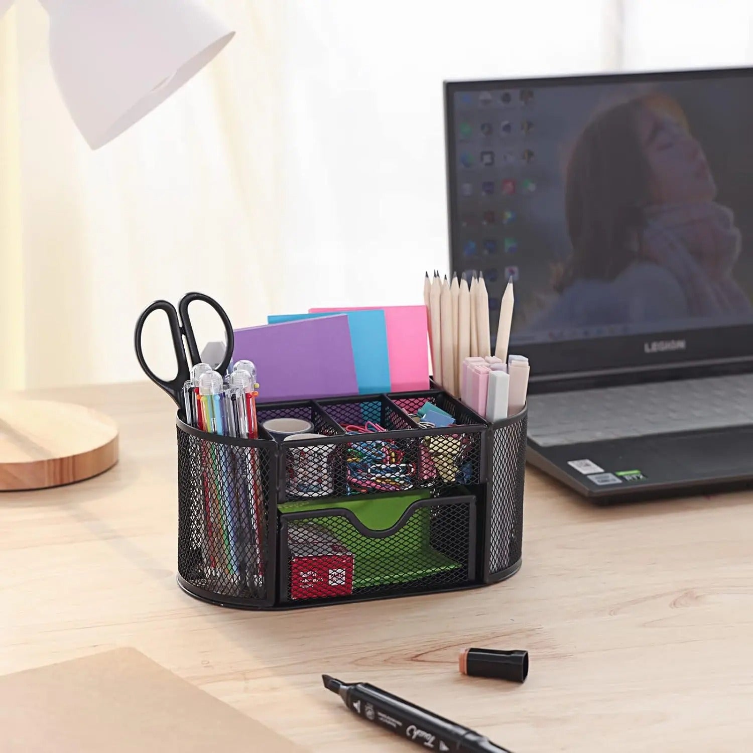 Mesh Desk Organiser Desk Pen Holder with 8 Compartments and Sliding Drawer Desktop Accessories Organizer for Home Office School