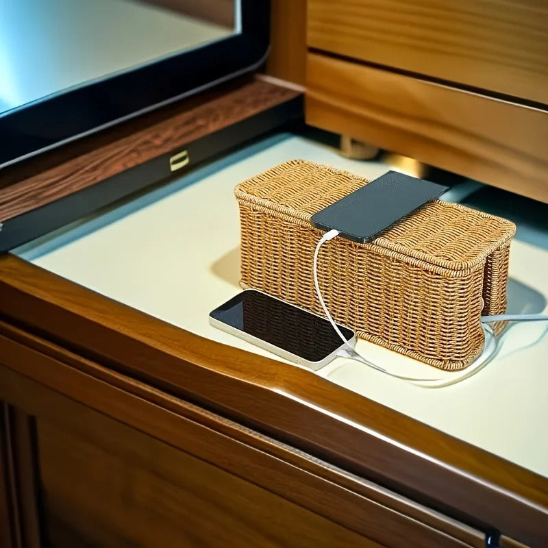 Rattan Cable Organizer Box Breathable Desk Wire Management Home Offices