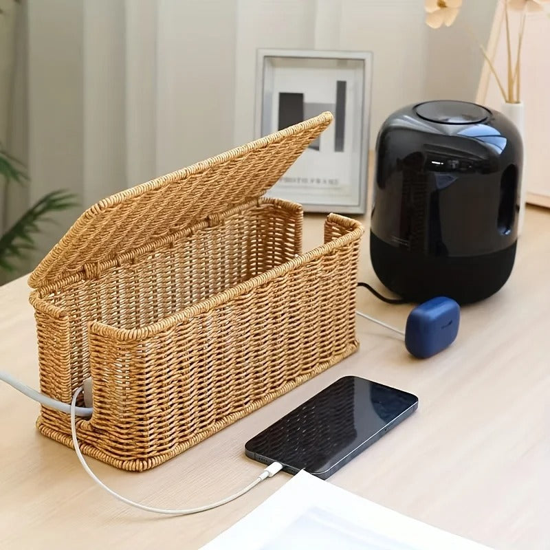 Rattan Cable Organizer Box Breathable Desk Wire Management Home Offices